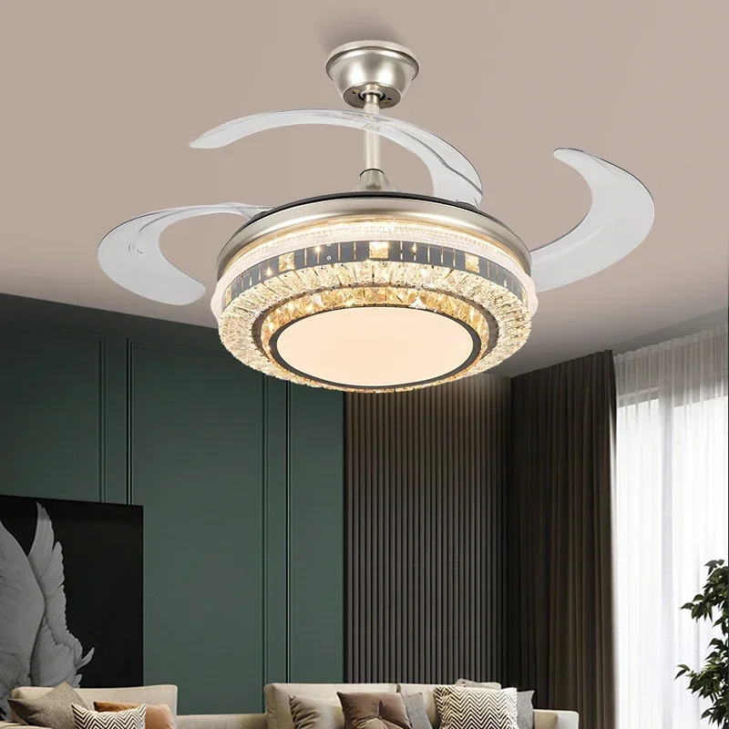 

Hot Sale Gold decoration modern led ceiling fan 42Inch Crystal 3 Retractable Blades gold smart ceiling fan light