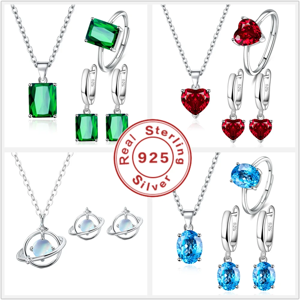 Hot Sale 925 Sterling Silver New Arrival Heart Shape Colorful Smart Necklace Earrings Ring Jewelry Sets For Women Girls