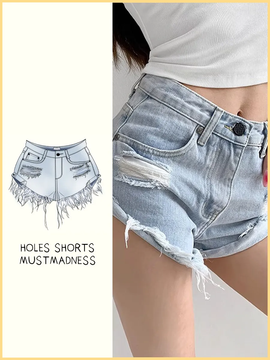 Women's Light Blue Ripped Tassel Low Rise Denim Shorts Y2K Gyaru Micro Jean Shorts Vintage Wide Leg A-line Hot Pants Summer 2026