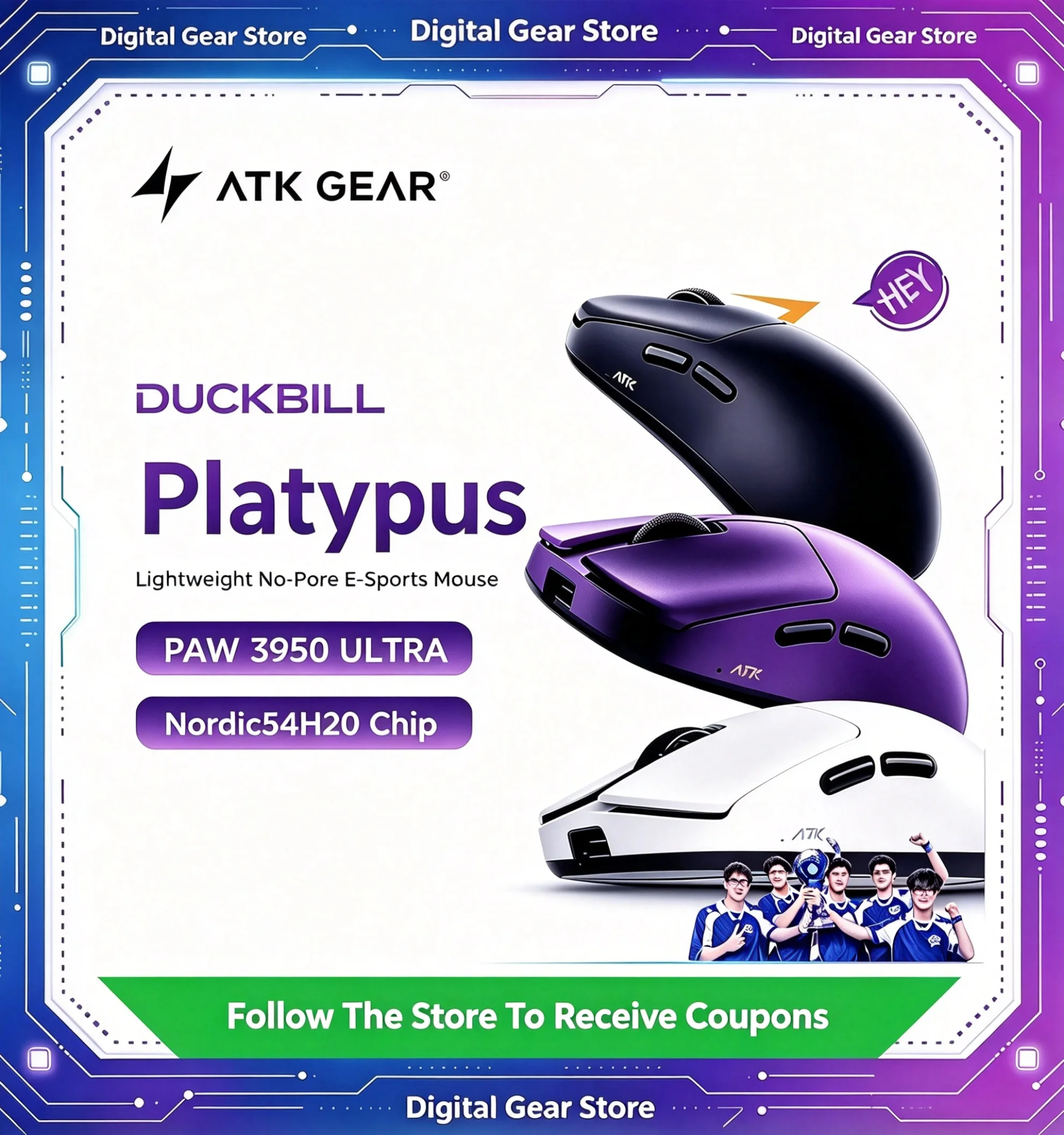 ATK DUCKBILL Bluetooth Wireless Gaming Mouse Dual Mode PAW3950Ultra 8K Nordic Receiver Ultralight RGB Long Battery Esports Mouse