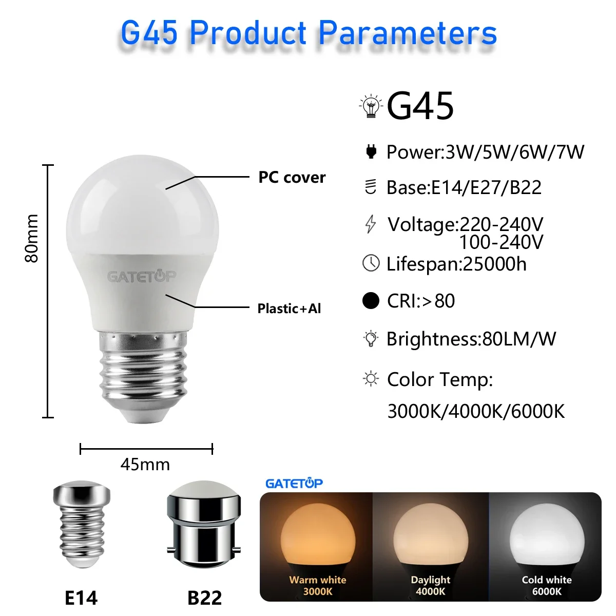 6 pçs lâmpadas led de poubança de energia g45 c37 e14 e27 b22 3w 5 6 7 ac230v ac110v conduziu a lâmpada de golfe para decoração de casa