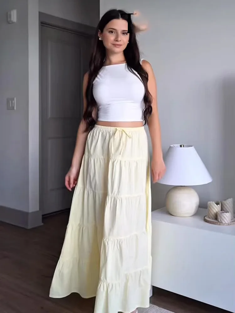

HH Women Fashion Versatile Solid Cotton Layered Spliced ​​Long Skirt Female Elegant Mid-waist Bow Lace-up Slim Skirt Mujer