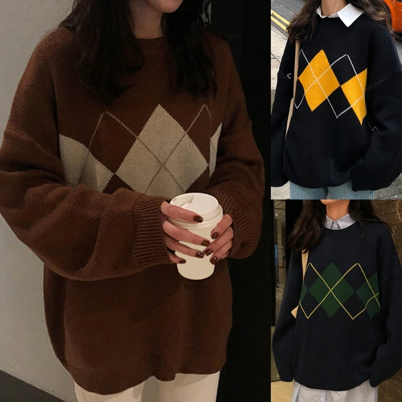 Women Autumn Long Sleeve O-Neck Sweater Korean College Argyle Plaid Pattern Pullover Tops Oversized Loose Jumper Dropship