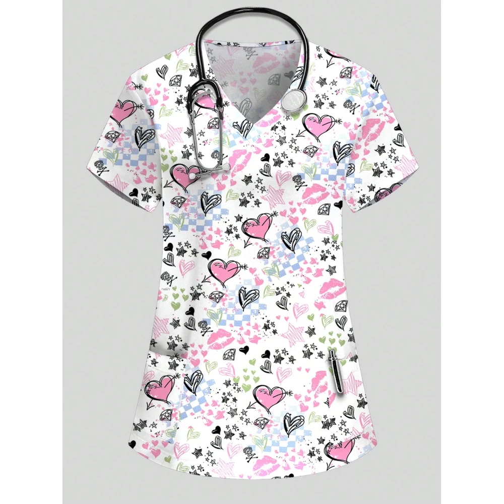 Damenbekleidung, V-Ausschnitt, Fantasy-Schmetterlingselement, 3D-gedruckte Krankenschwester-Arbeitskleidung mit Taschen, T-Shirt, lässiges Kurzarm-Oberteil