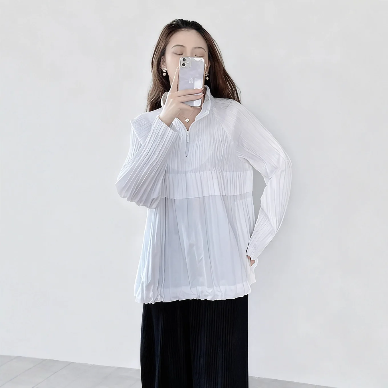

Miyake Pleated 2026 New Fall Design Sense Pleated Pullover Jacket Ladies Loose Half Open Collar Plus Size Tops Women's Clothing