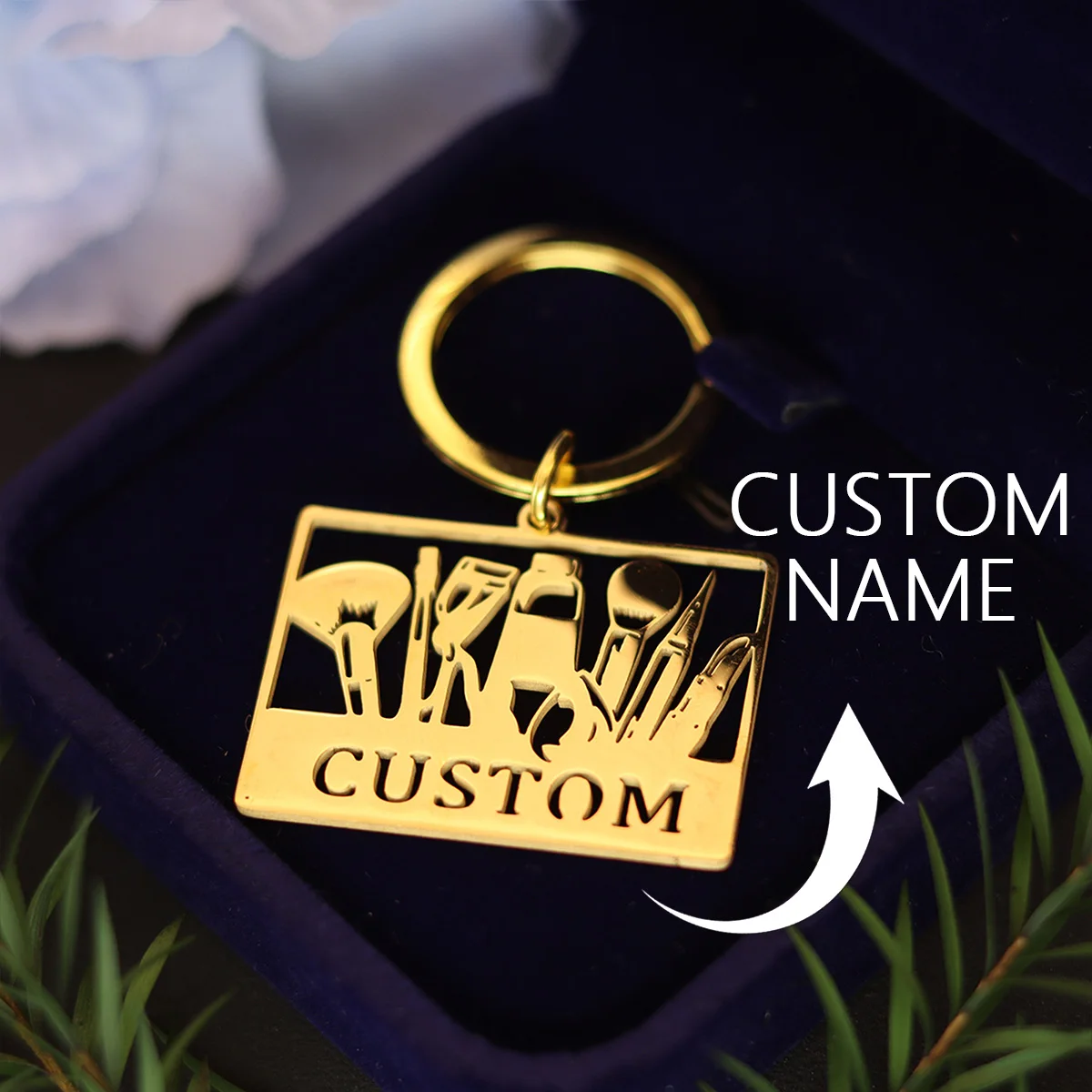 QIAMNI Simulation Makeup Brush Custom Name Keychain for Girlfriend, Stainless Steel Laser Engraved Letters Beauty Makeup Keyring
