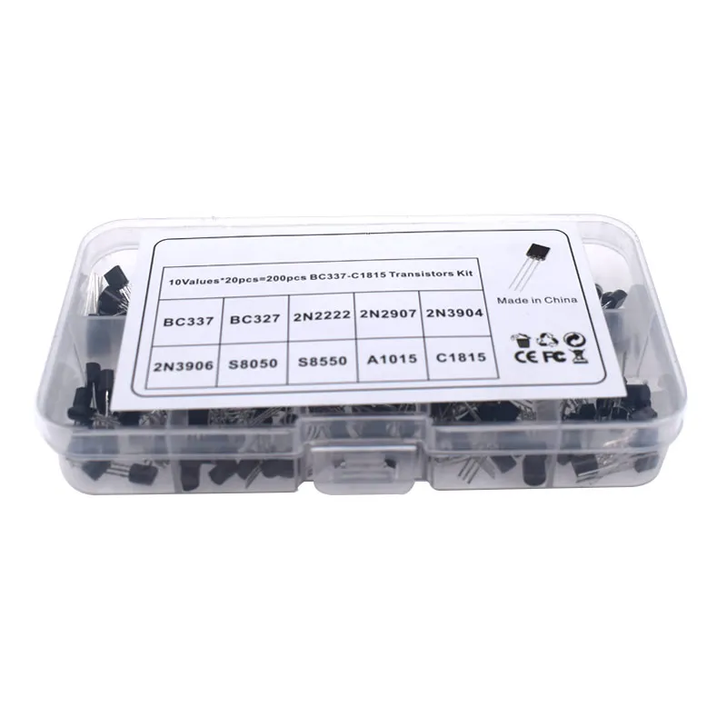 200Pcs Transistor Kit BC327 BC337 2N2222 2N2907 2N3904 2N3906 S8050 S8550 A1015 C1815 PNP/NPN 10 Values TO-92 Transistors Set