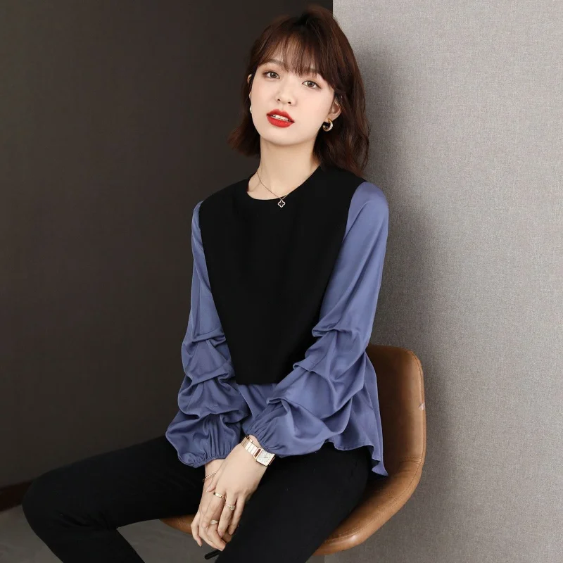 Spring and Autumn New Loose Long Sleeve Sweater Women\'s Splice Fake Two Piece Reduced Age Korean Edition Casual Lady Priming Top