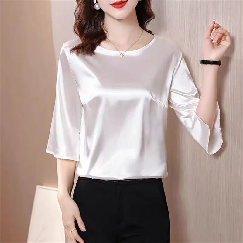 2024 Spring and Autumn New All-match O-neck Three-quarter Flared Sleeve Acetate Satin Blouse tops Basic simple ice silk shirts