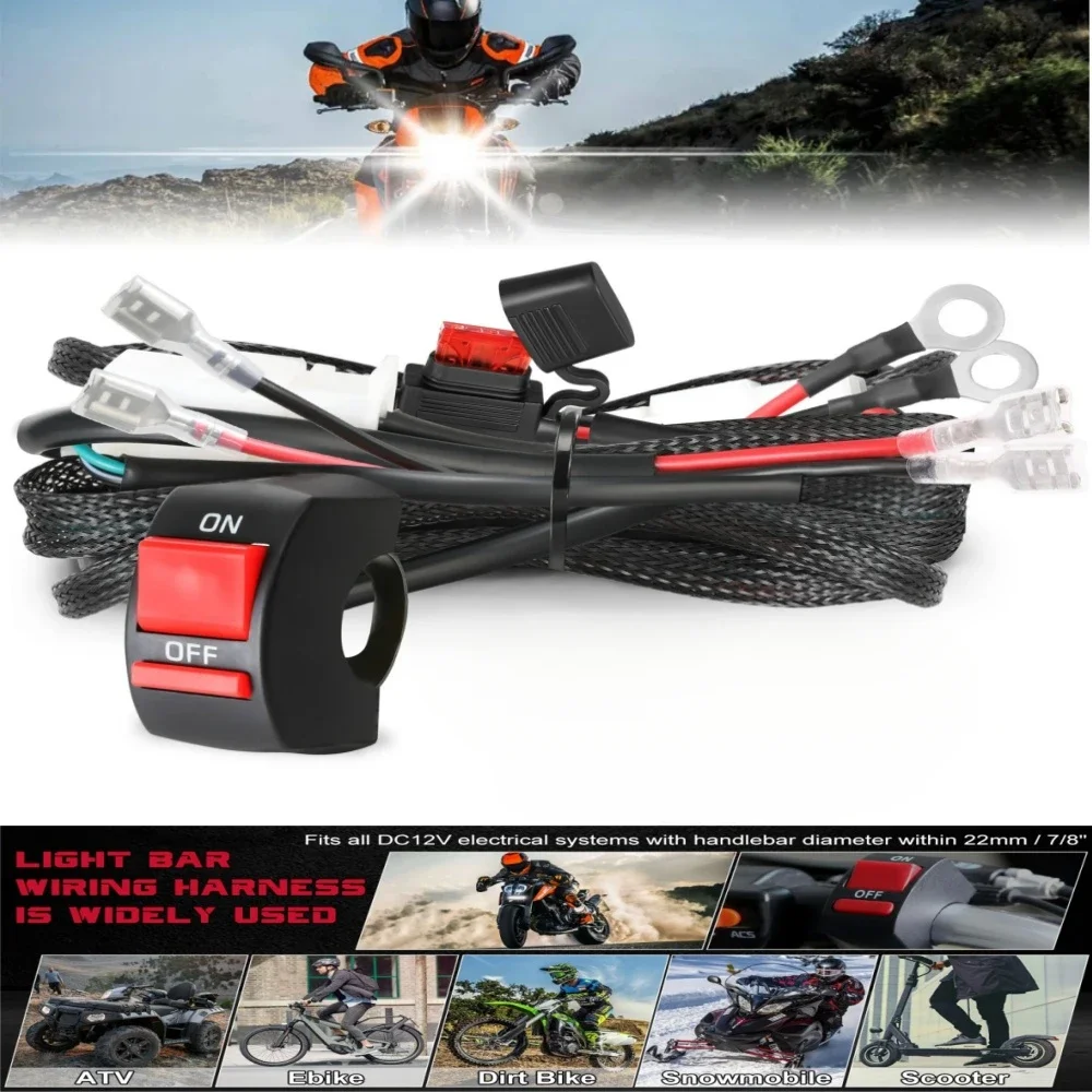LED Light Bar Wiring Harness Kit with Motorcycle Handlebar Push Button Switch, 12V On/Off, 2 Leads, for ATV/UTV Driving Lights,