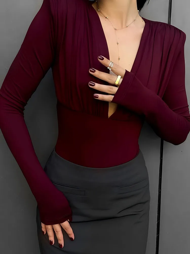 

Articat Fashion Sexy Deep V-Neck Long Sleeve Base Shirt Bodysuit Women Elegant Slim Fit Jumpsuit Female Autumn New Streetwear