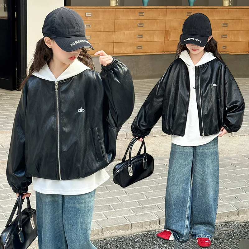 

Trendy Korean Sle Girls Leather Jaet Coat Spring Autumn Zipper Closure Casual Loose Fit Children's Faionable Hooded Top