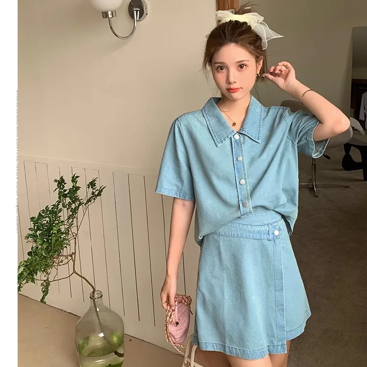 

Casual Slimming Denim Set ort Sve Single Button irt Asymmetrical A-Line orts Skirt Two-Piece Set Women's Faion