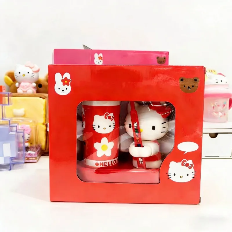 Kitty Cartoon Toothbrush Toothmug Holder Set – Bathroom Vanity Organizer for Toothbrushes and Rinsing Cups – Countertop Decor