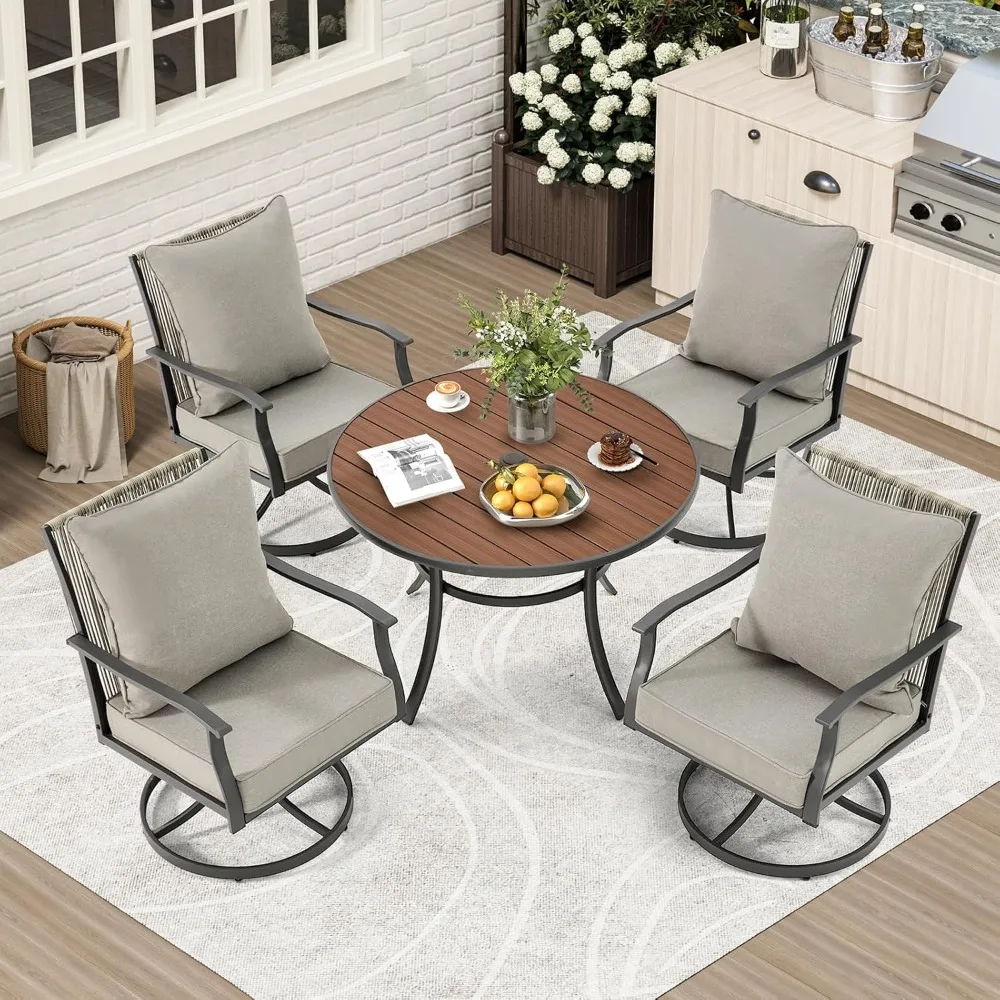 

5-Piece Outdoor Dining Set, 4 Swivel Wicker Chairs with Thick Cushions & Round Dining Table with Umbrella Hole, Patio Furniture
