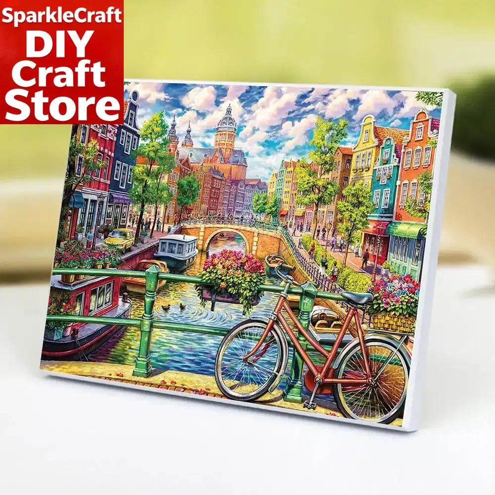 1 pieza de pintura de diamante 5D DIY sin marco, paisaje urbano, bordado de diamante de perforación completa, decoración del hogar, venta, pintura de diamante de bicicleta