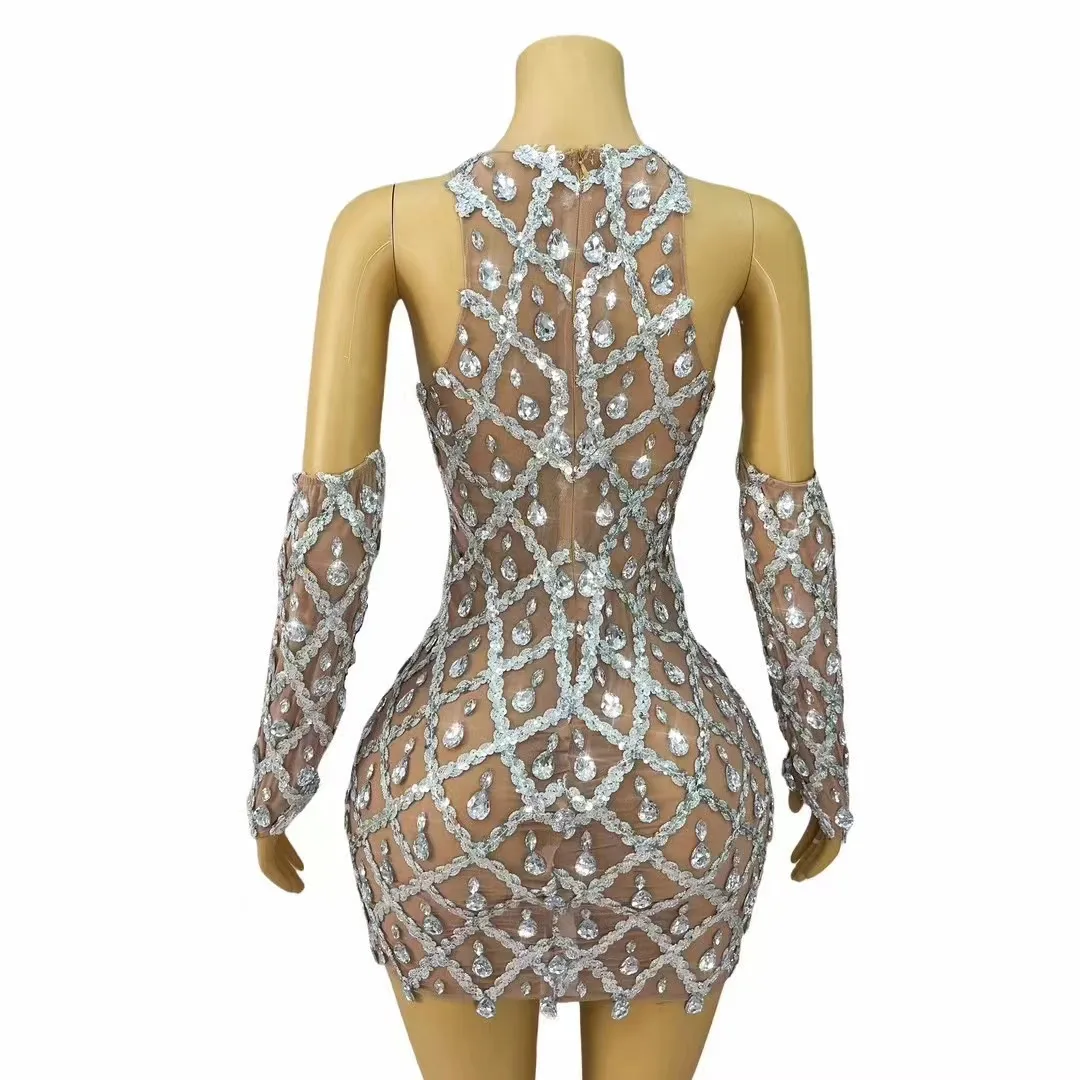 فستان شبكي شفاف بدون أكمام للنساء ، أحجار الراين الفضية اللامعة ، زي تصوير مثير ، حفلة مسائية ، عرض النادي ، المسرح ، الفخامة