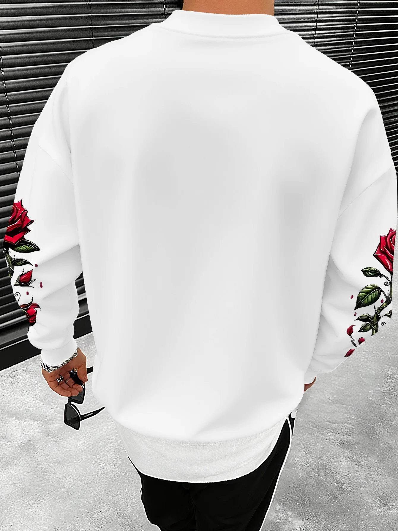 Men Casual Crew Neck Long‑Sleeve Top, Rose Wing Floral Slogan Letter Graphic Print Sweatshirt，S-XXL