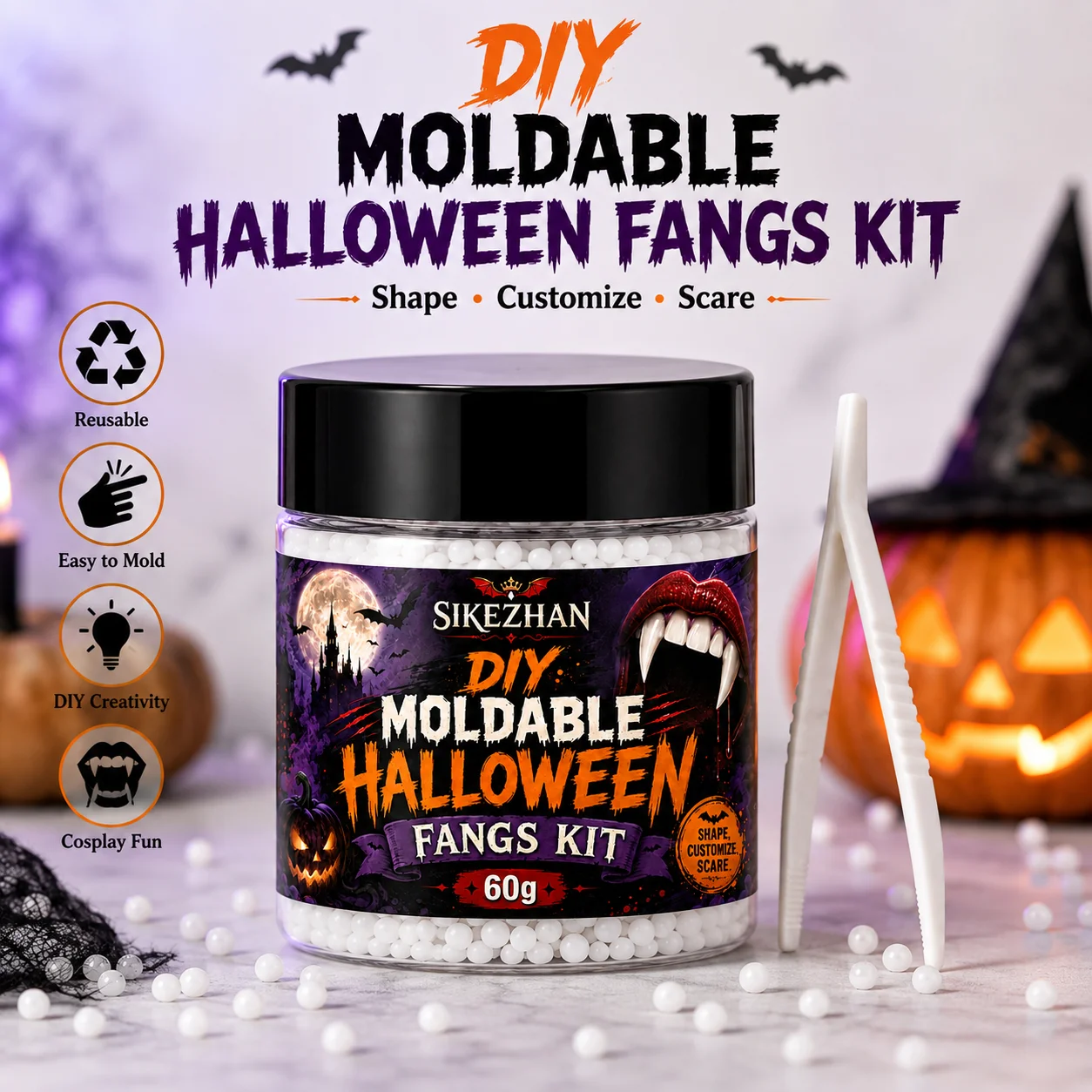 DIY Vampire Fangs Kit 60g Moldable Thermoplastic Beads Halloween Teeth Making Material for Costume Cosplay Party Props Tweezers