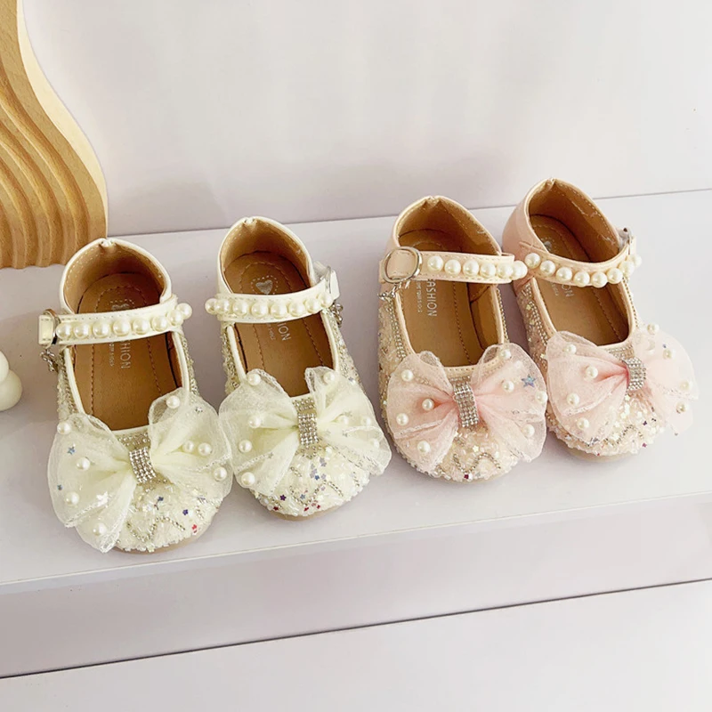 Children‘s Leather Shoes Kids Baby Girls Princess Butterfly Bright Diamond Party Flats Shoe Soft Sole PU Leather Shoes