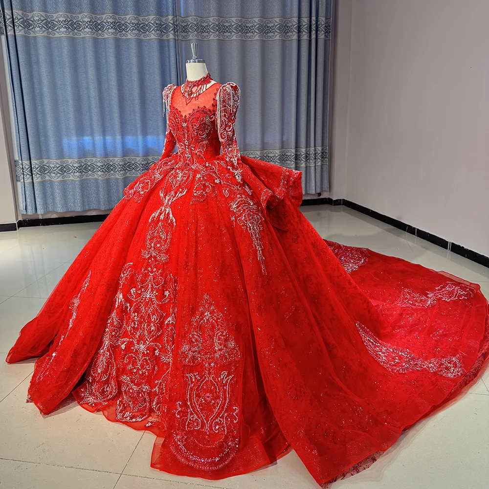 Customized New Bride High-Grade Retro Heavy Luxury Long-Sleeved Long-Tail Red Noble Wedding Dress Dw0061