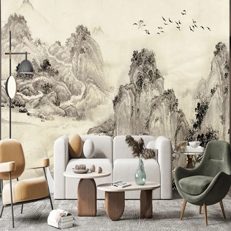 Custom Chinese Minimalist Hand-painted Ink Painting Landscape Papel De Parede 3D Home Decor Wall Art Nature Scene Wall Papers