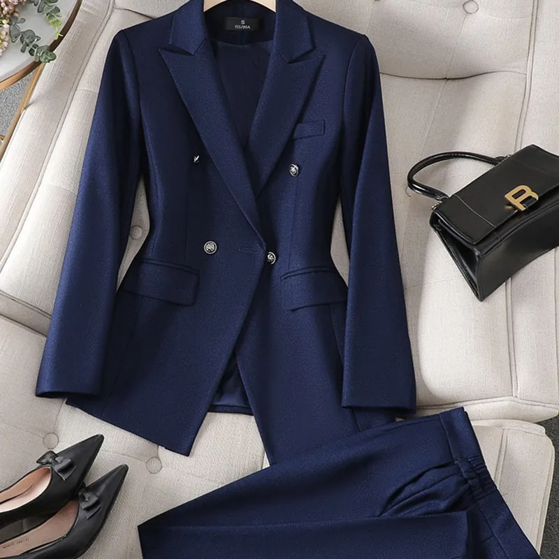 Fashion Ladies Pant Suit Formal Women Office Business Work Wear Blazer And Trouser Blue Black Green 2 Piece Set With Pocket