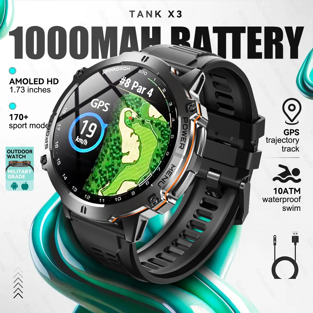 New TANK X3 1000mAh Large Battery Smart Watch Men GPS 10ATM Waterproof Bluetooth Call 170+sport Modes 1.73