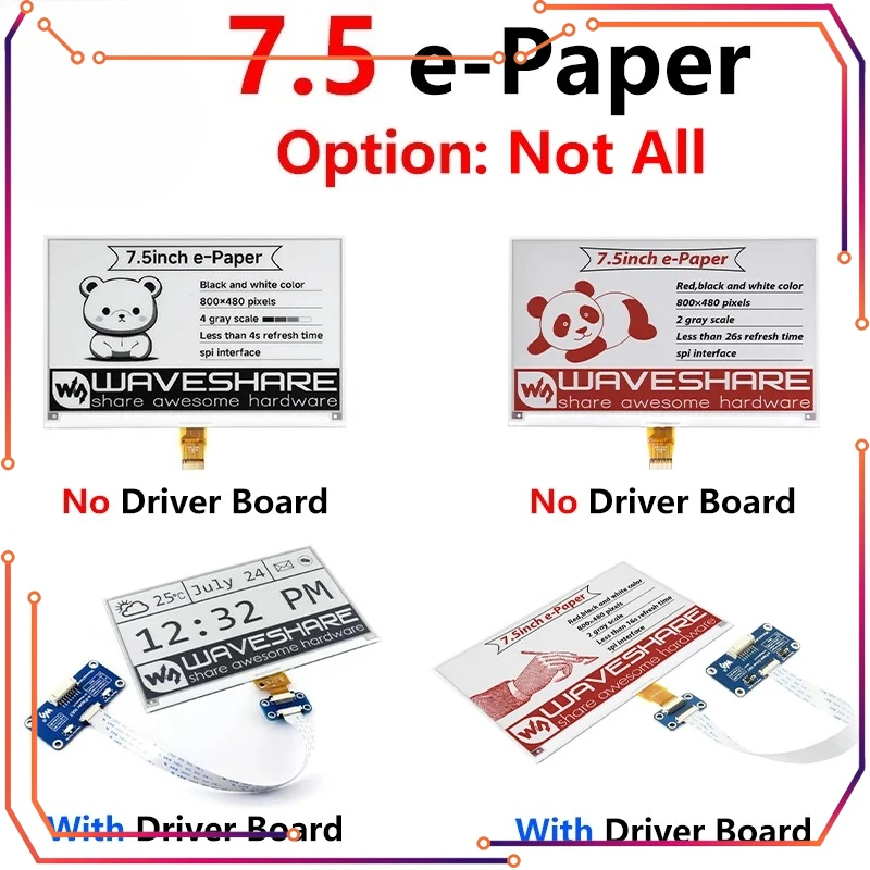 MICROBOT Raspberry Pi 7.5 inch e-Paper E-Ink Display HAT 7.5inch SPI Interface 800×480 for Arduino STM32 Jetson Nano