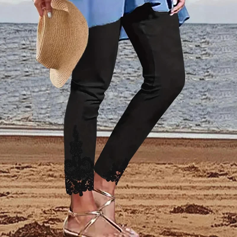 

Trousers Women's Small Foot Casual Pants New White Leggings Lace Spliced Hollow Nine-point