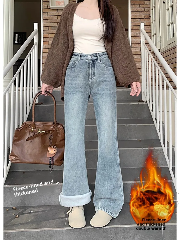 

Женские джинсы с высокой талией, расклешенные, больших размеров, на флисовой подкладке, широкие, длинные, повседневные, винтажные, из смесового хлопка и денима