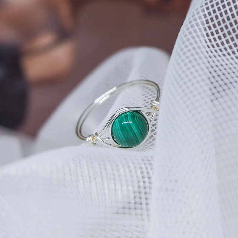 Natural Malachite Beads Rings Lapis Lazuli For Women Handmade Silver Gold Plated Metal Wire Weaved Finger Ring Jewelry Girl Gift