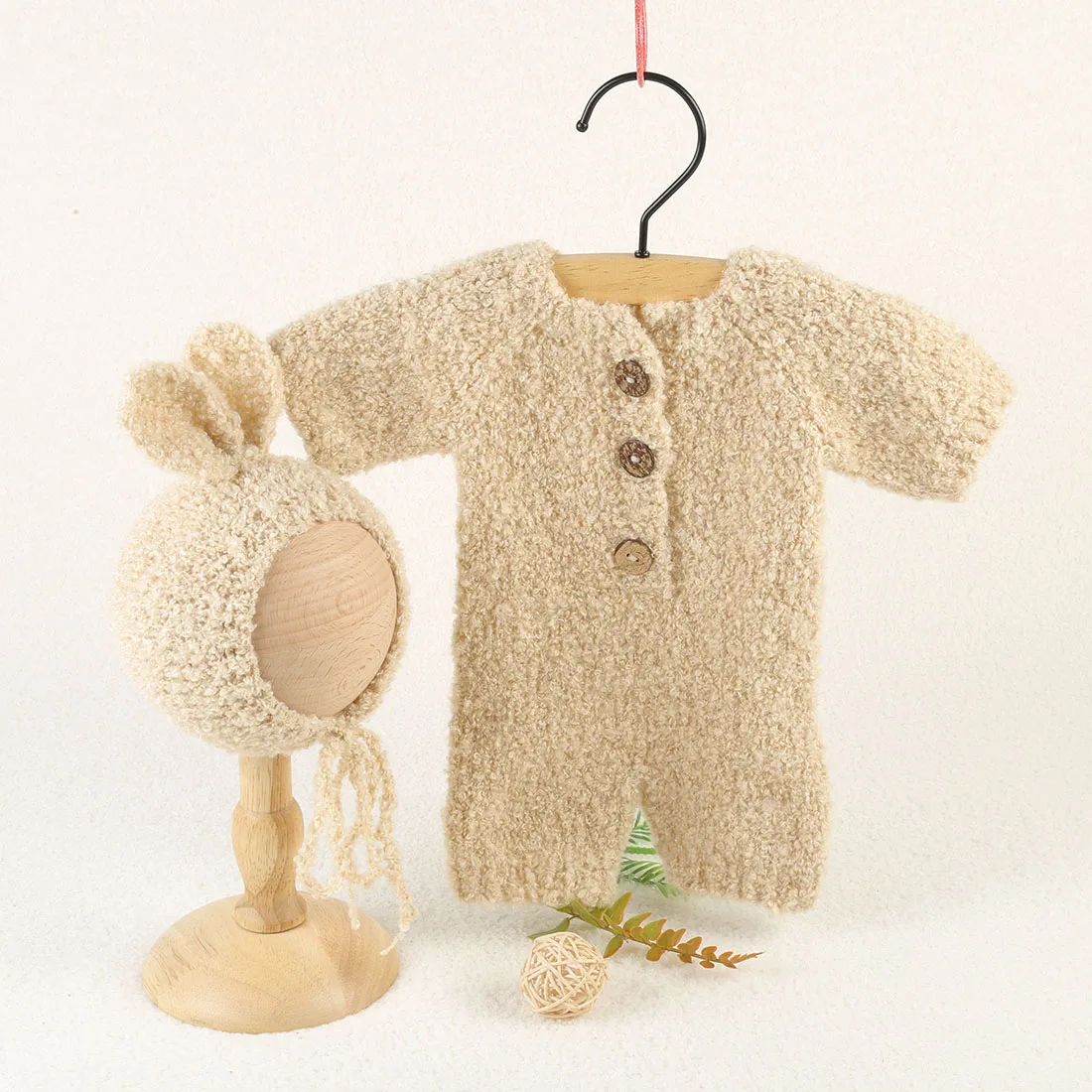 Vintage Knitted Fluffy Rabbit Romper Bonnet Set Newborn Photography Props Baby Outfit Set Infant Teddy Bear Clothes Photo Shoot