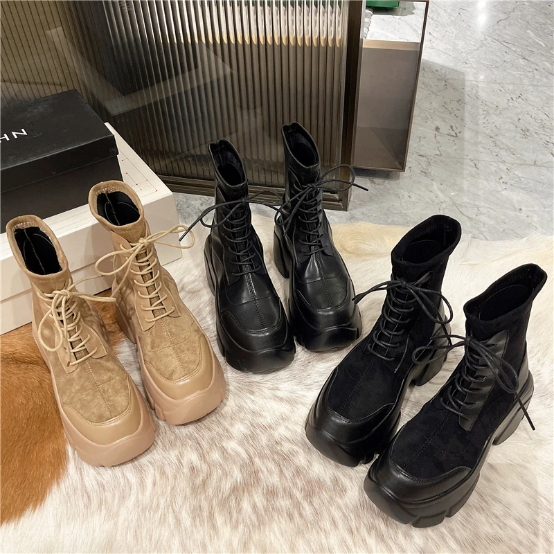 STRONGSHEN Comfortable Platform Boots for Woman Shoes Women Fashion Anklet Boots Round Toe Dad Sole Winter Female Lace Up Botas