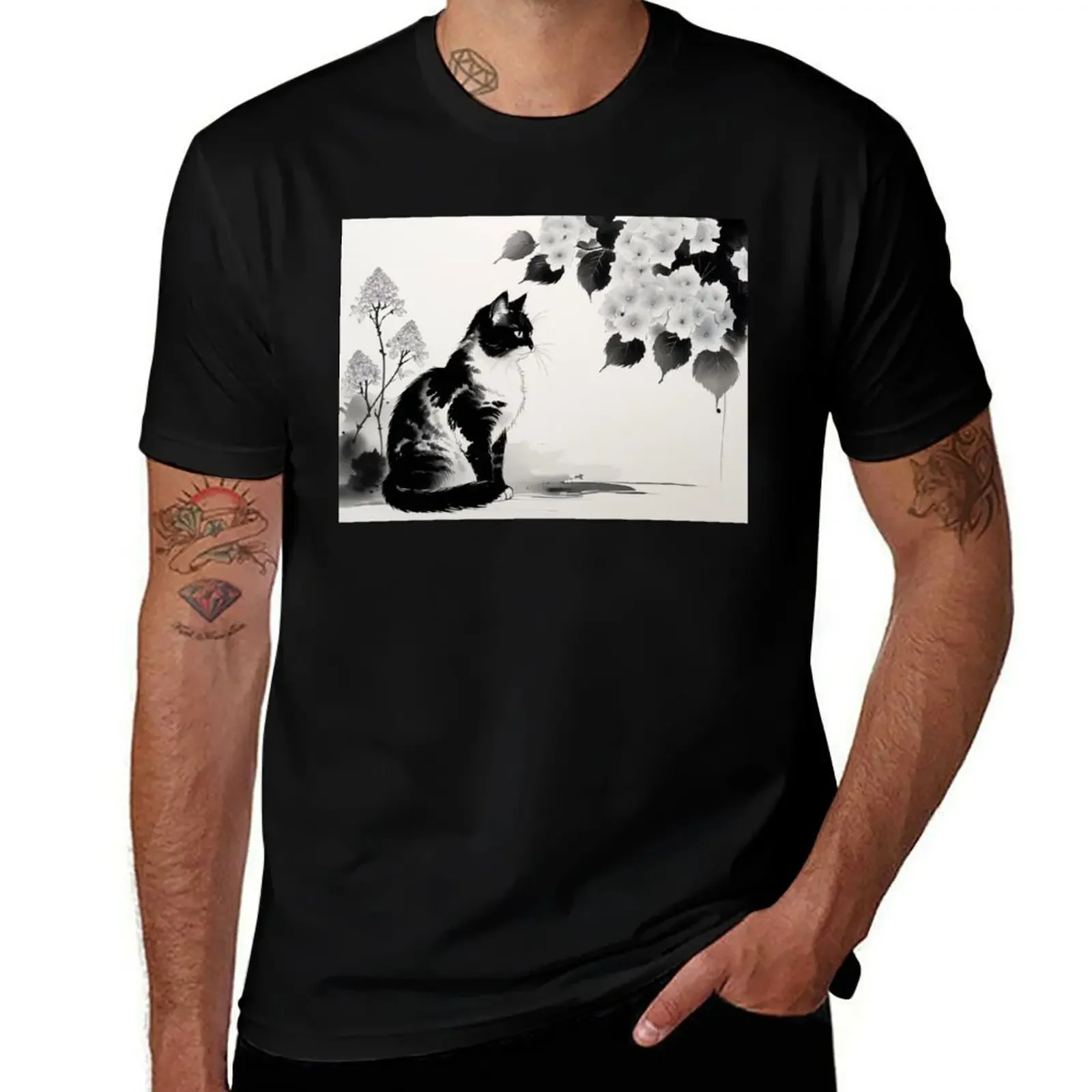 

Ink-Style Cat and Hydrangeas – Black and White Design T-Shirt Clothing T-shirts man T-shirts for men cotton