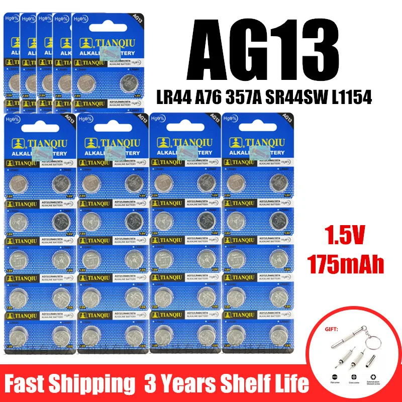 10-100PCS AG13 LR44 A76 357A Button Cell Coin Alkaline Battery 1.55V SR44SW L1154 SP76 pila 357 303 for Watches Toys No Mercury