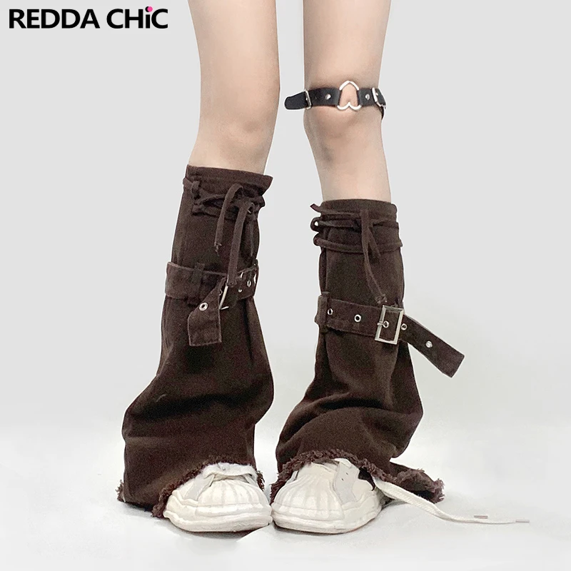 

REDDACHiC Vintage Brown Cowgirl Denim Leg Warmers Flared Bandage Belt Women Gaiters Boots Cover Grunge Y2k Girl Knee-long Socks