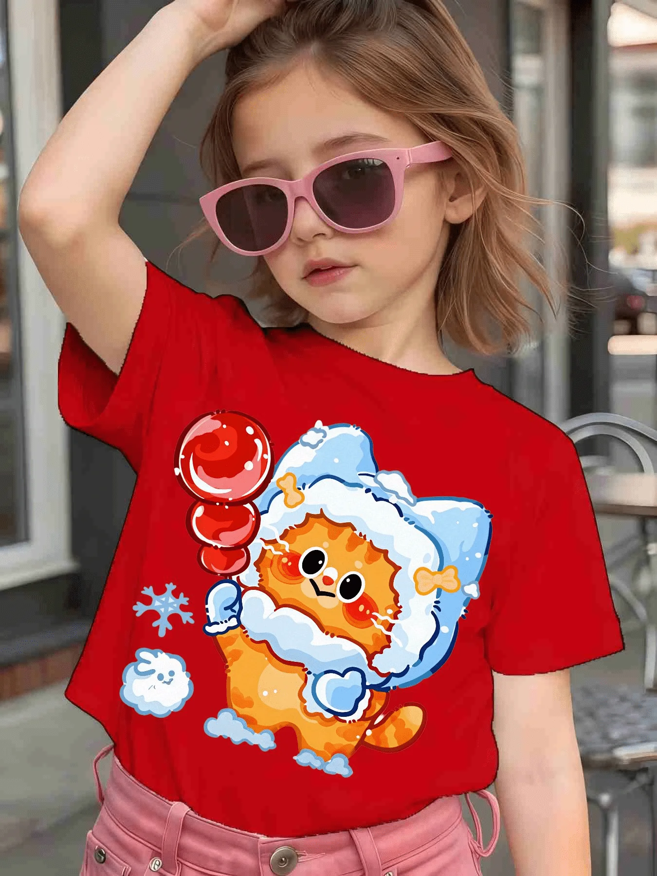 Cute Winter Cat Tanghulu Cartoon Graphic Kids Tee Boys Girls Family Matching Cotton Crew Neck Short Sleeve Soft Summer Tee