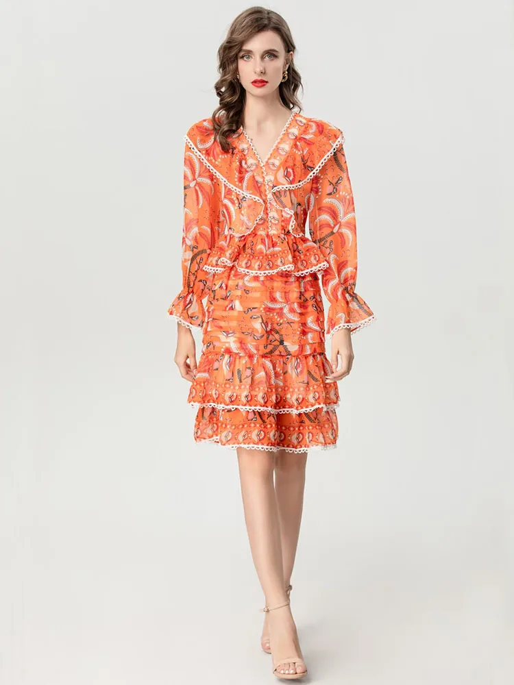 

Spring Autumn Dress Runway Fashion V Neck Long Flare Sleeve Ruffles Printing Vestidos Sides Patchwork Sliming