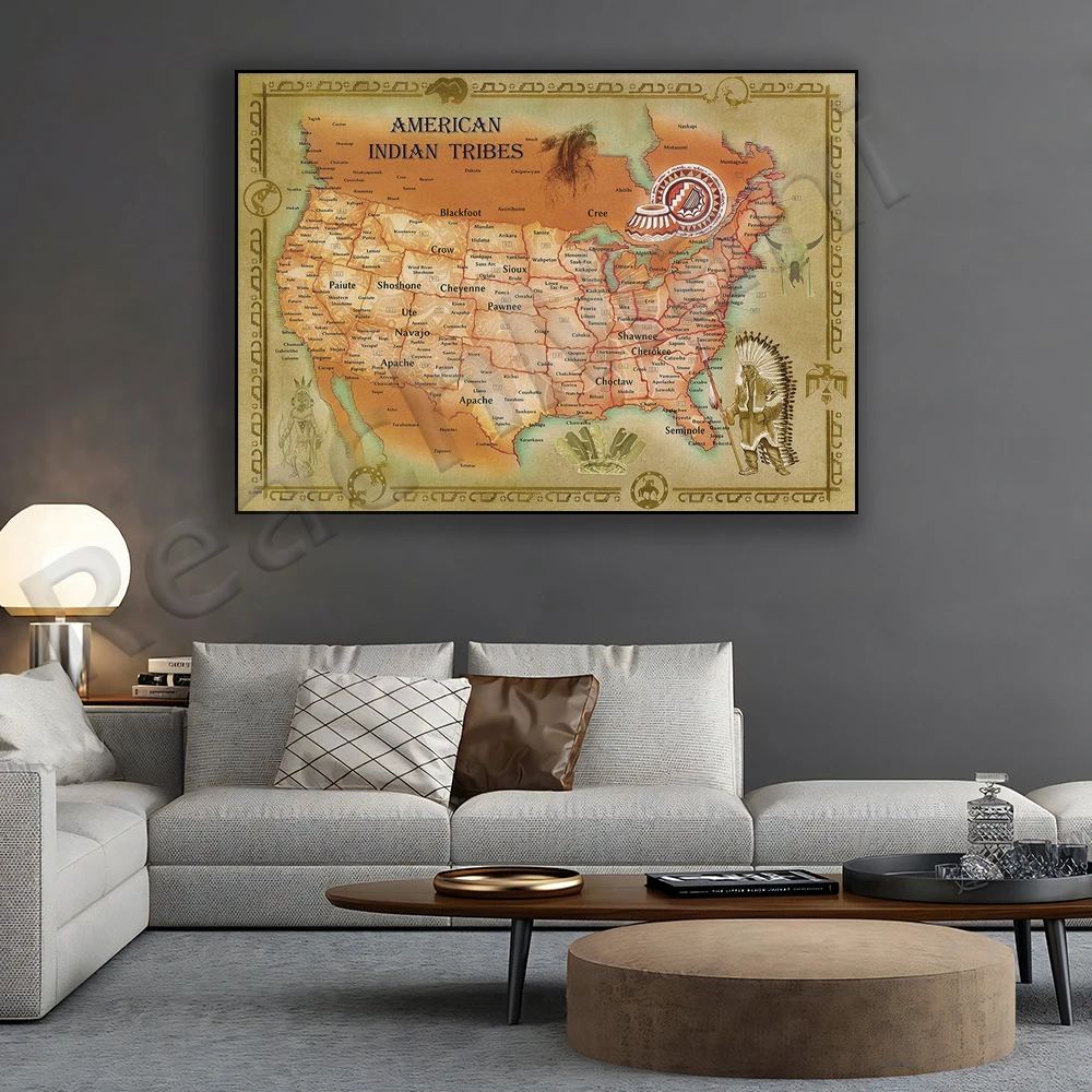 American Indian Tribes Map Poster, Native American Wall Art, Vintage Map Decoration, Historical Map Art Print, American History