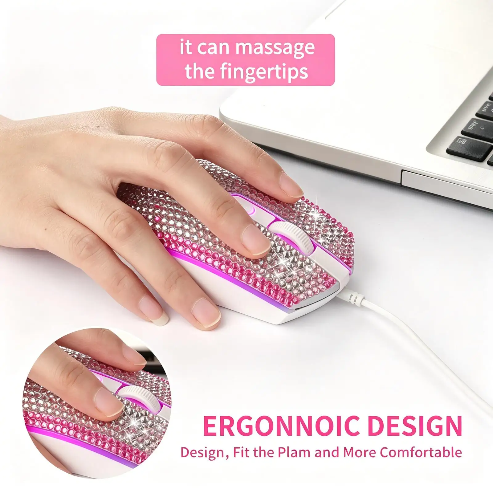 Sparkly Rhinestone Wired Silent Mouse 7 Color Breathing LED Ergonomic USB Optical Mice Plug&Play For Girls Laptop PC Office Gift