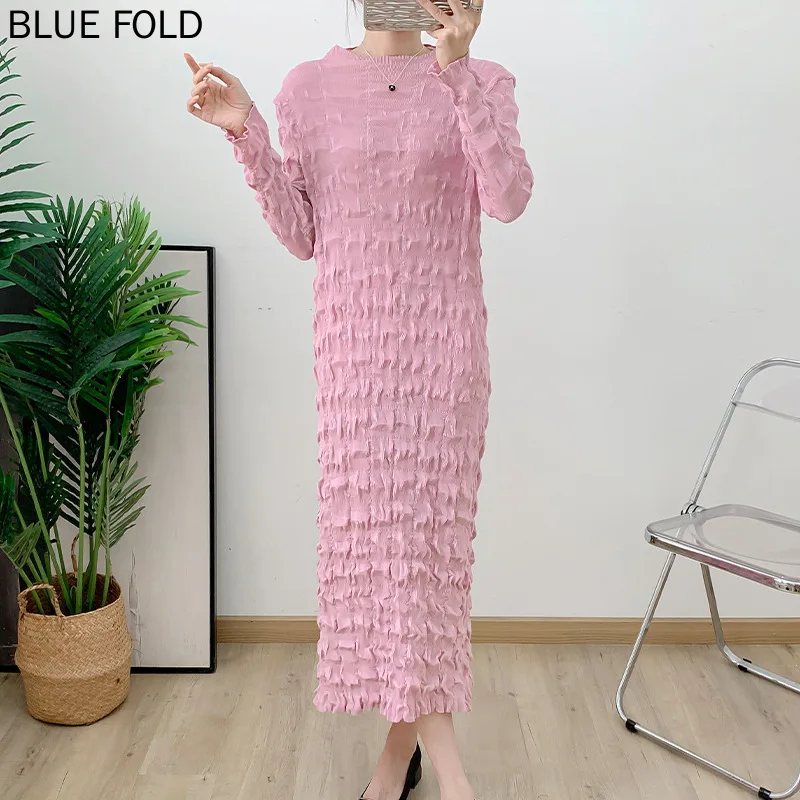 

MIYAKE Handmade Pleated Heavy Pleated Mid-length Dress Autumn New Waist Long-sleeved Dress for Women PLEATS High Quality Vestido