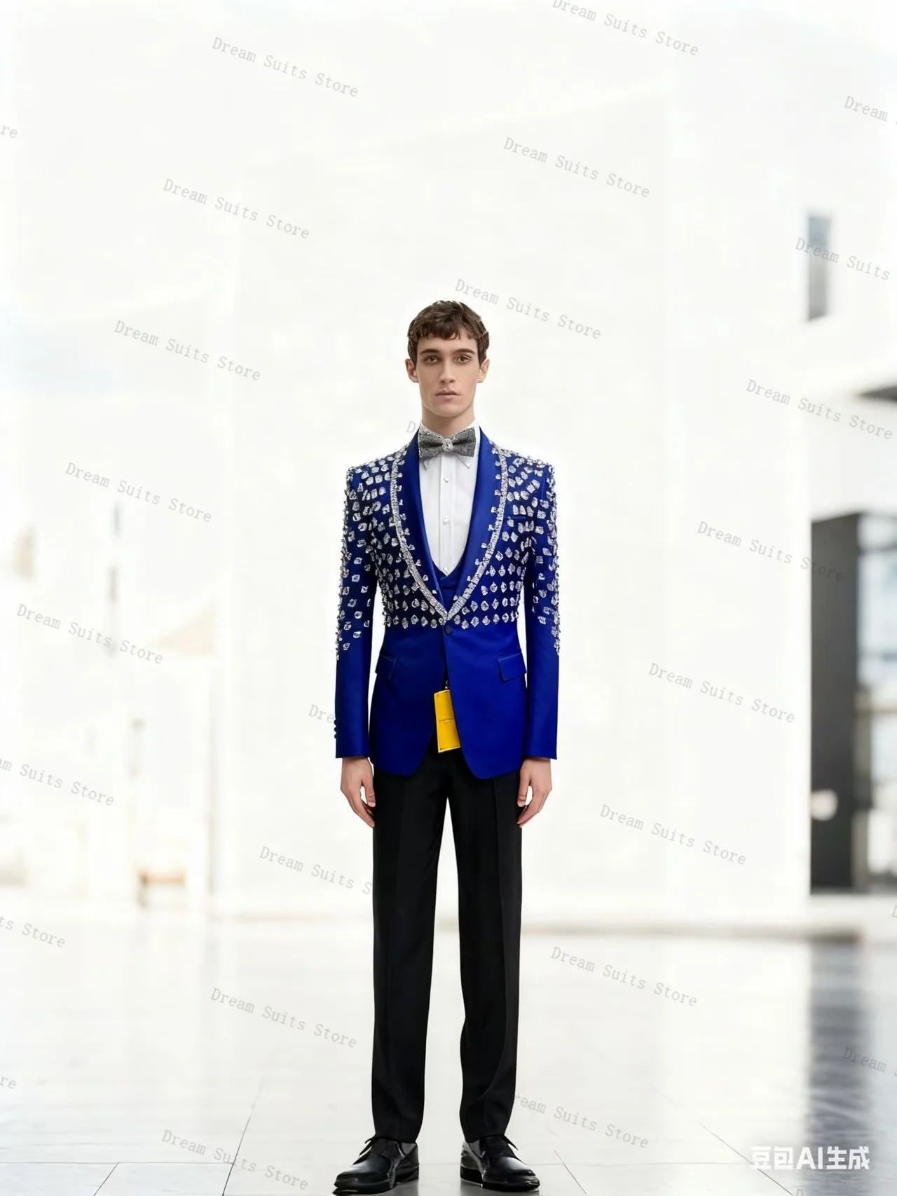 

Groom Blue Men Suit Set 2 Piece Crystals Blazer+Pants Trousers Cotton Customized Formal Office Jacket Wedding Tuxedos Coat