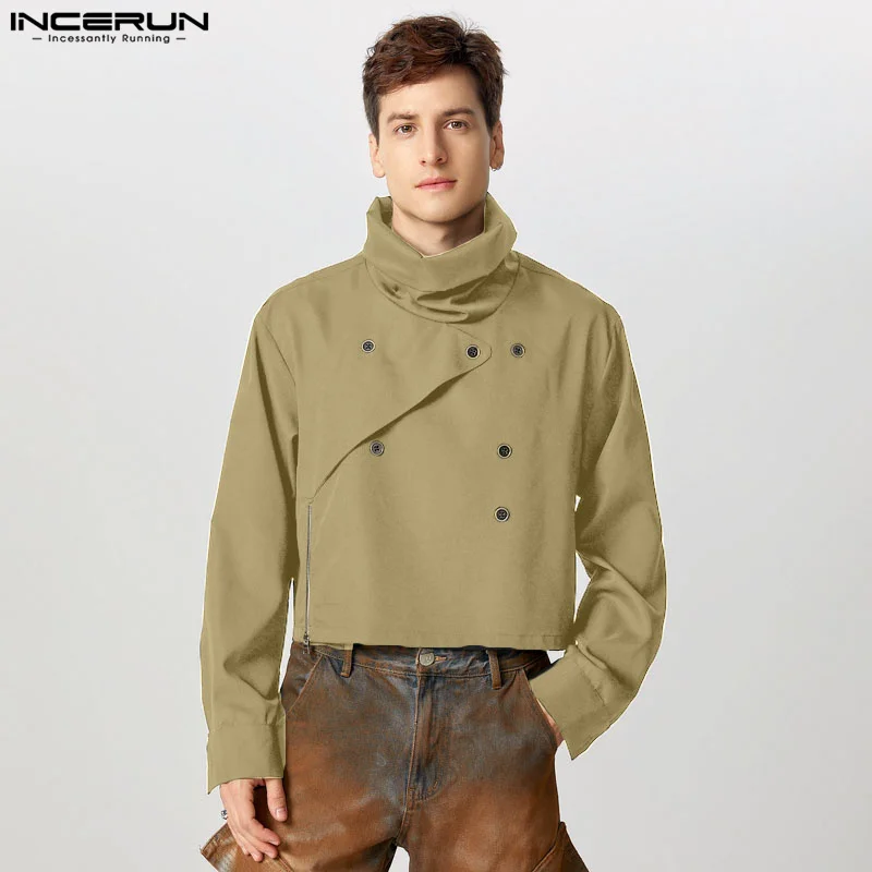 Stylish Casual Style Tops INCERUN Men's High Neck Double Breasted Cropped Jacket Coat Male Hot Selling Long Sleeved Solid Jacket