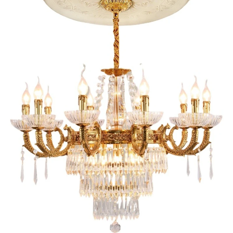

French light luxury all-copper living room crystal chandelier, European-style villa dining room duplex floor hall pure