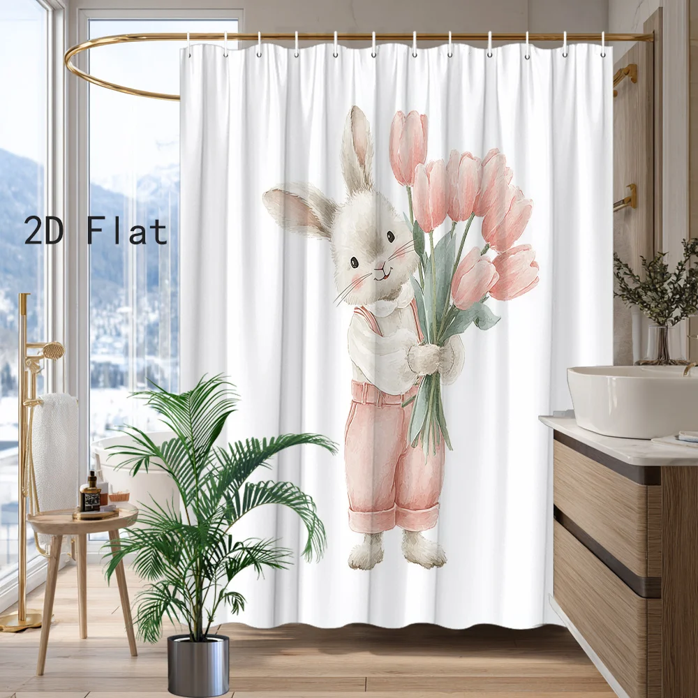 

Cute Rabbit Tulip Shower Curtain for Bathroom Decor Whimsical Spring Floral Bunny Art Bathroom Home Accessories 180x180cm