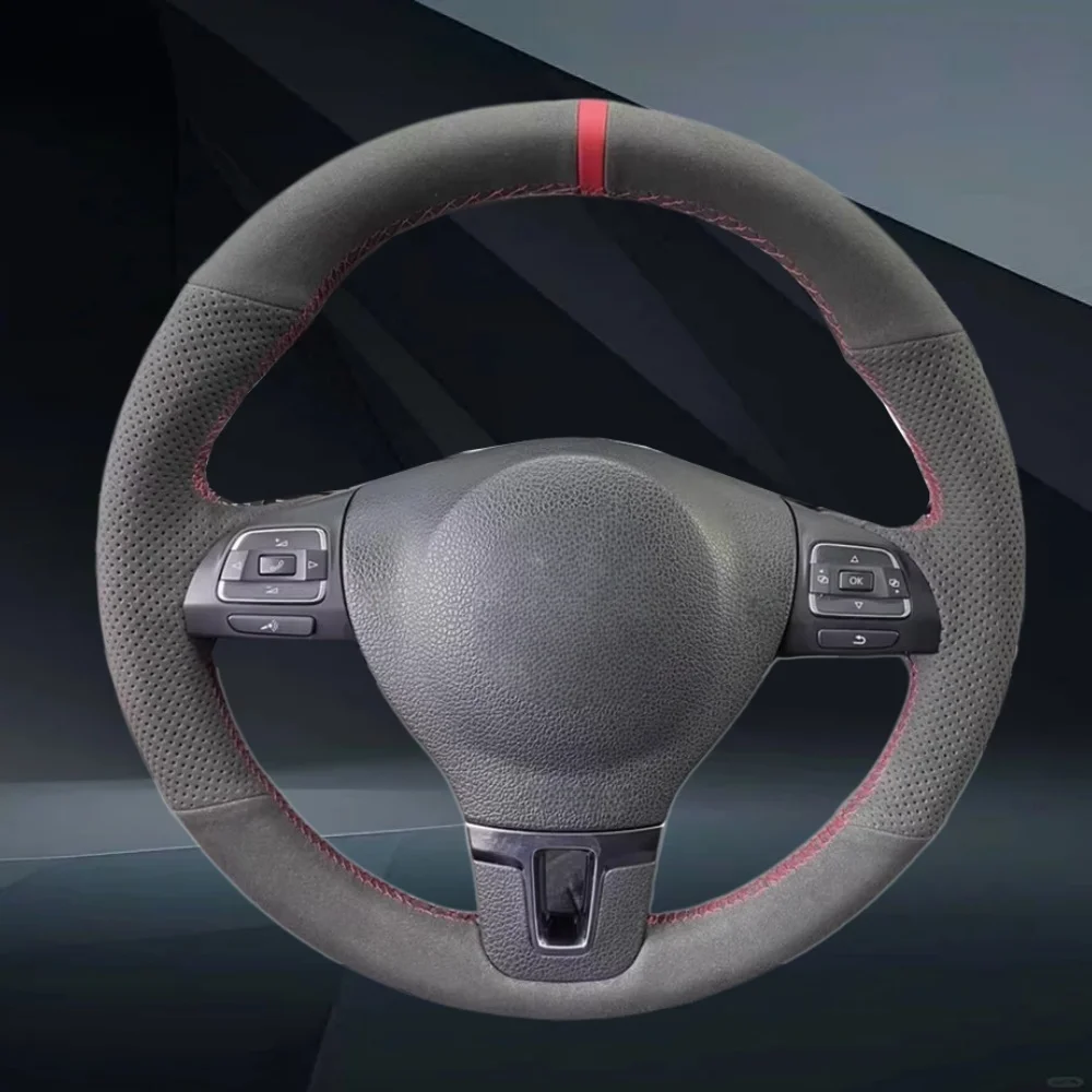 Funda de volante cosida a mano en cuero de gamuza perforado negro para Volkswagen VW Golf, Tiguan, Passat B7, Passat CC, Touran