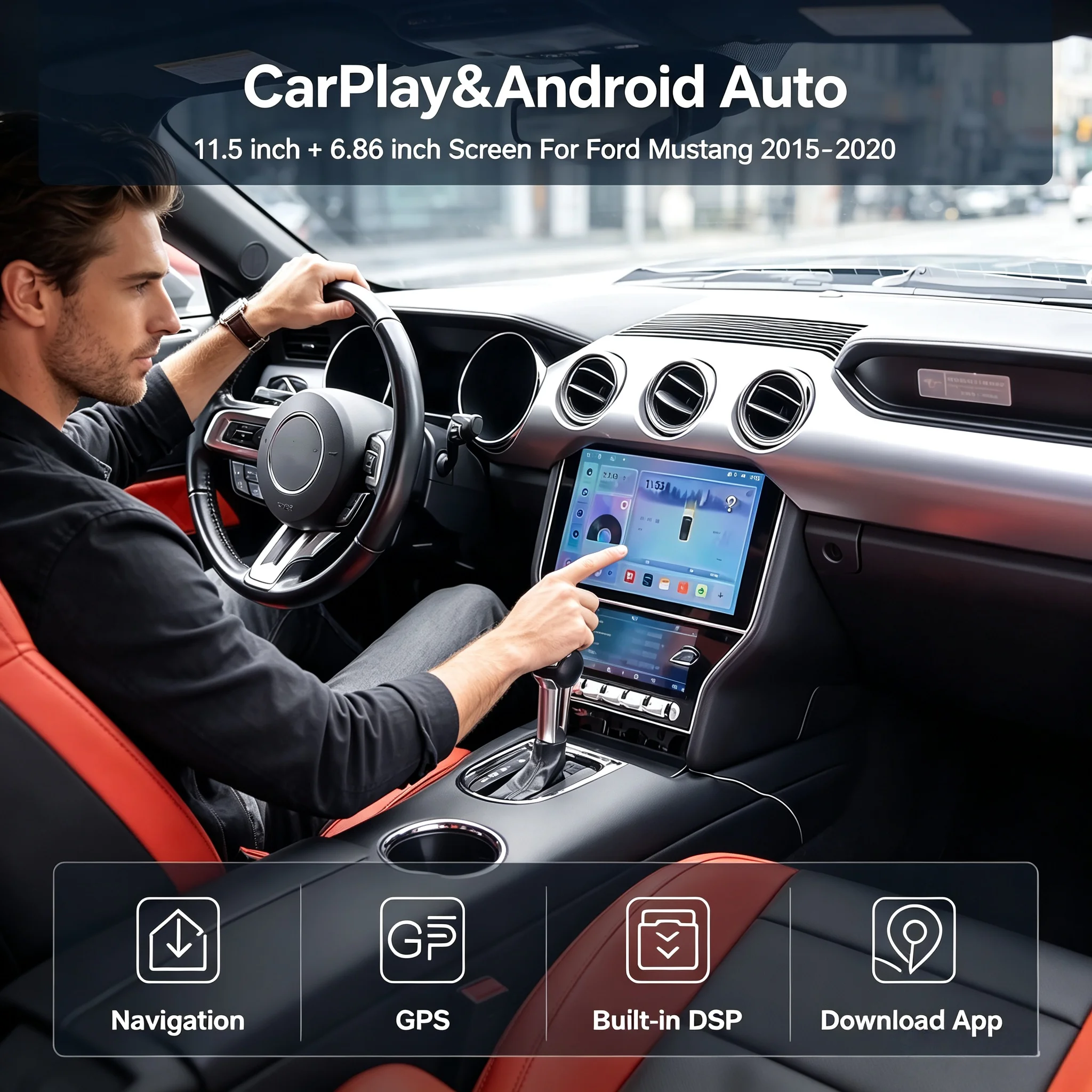 Touch Screen For Ford Mustang 2015-2020 Carplay Android GPS Navigation Head Unit Car Stereo Multimedia Radio Player Bluetooth