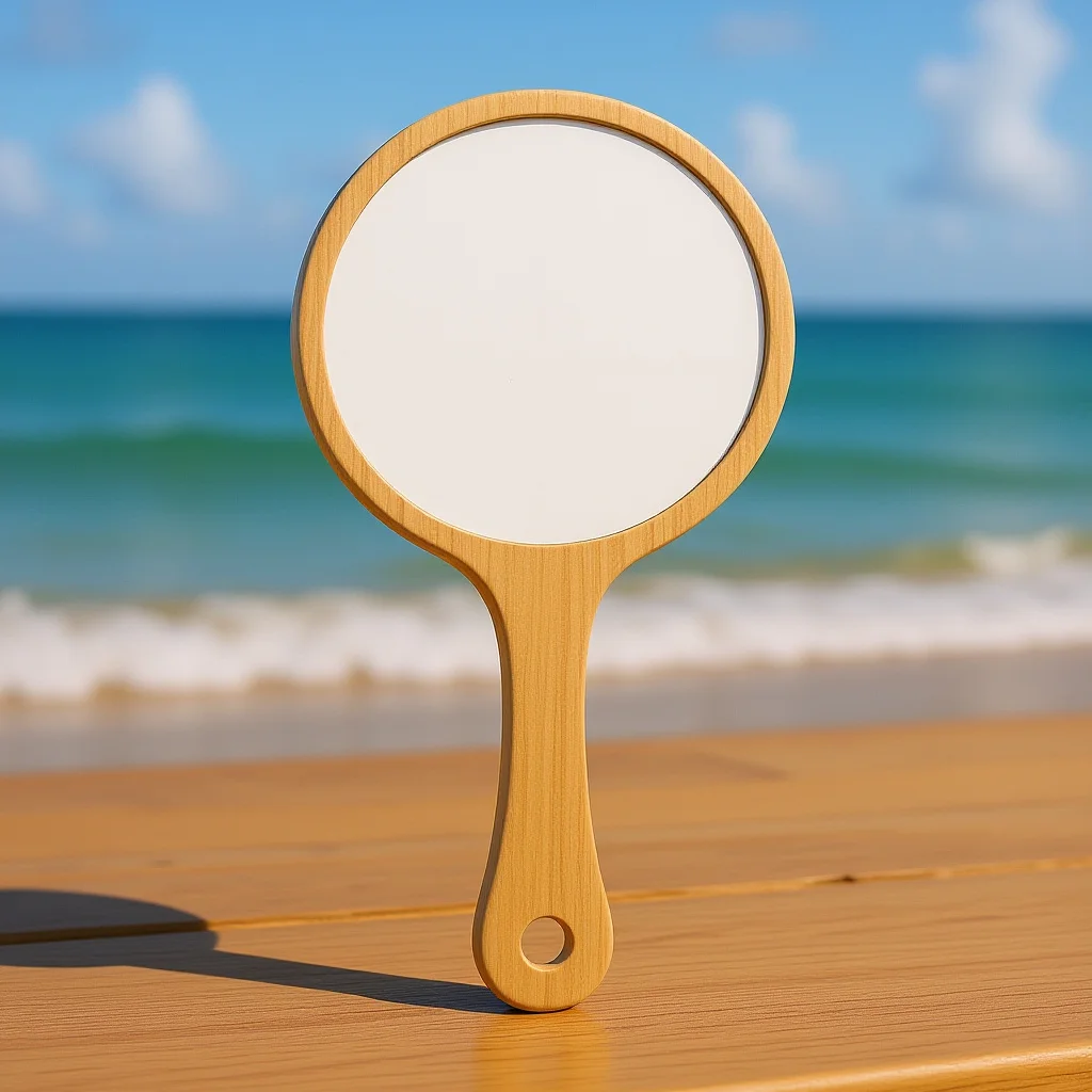 

Handheld Makeup Mirror Round Portable Mirror For Women Travel Daily Use Wooden Handle Compact Lightweight