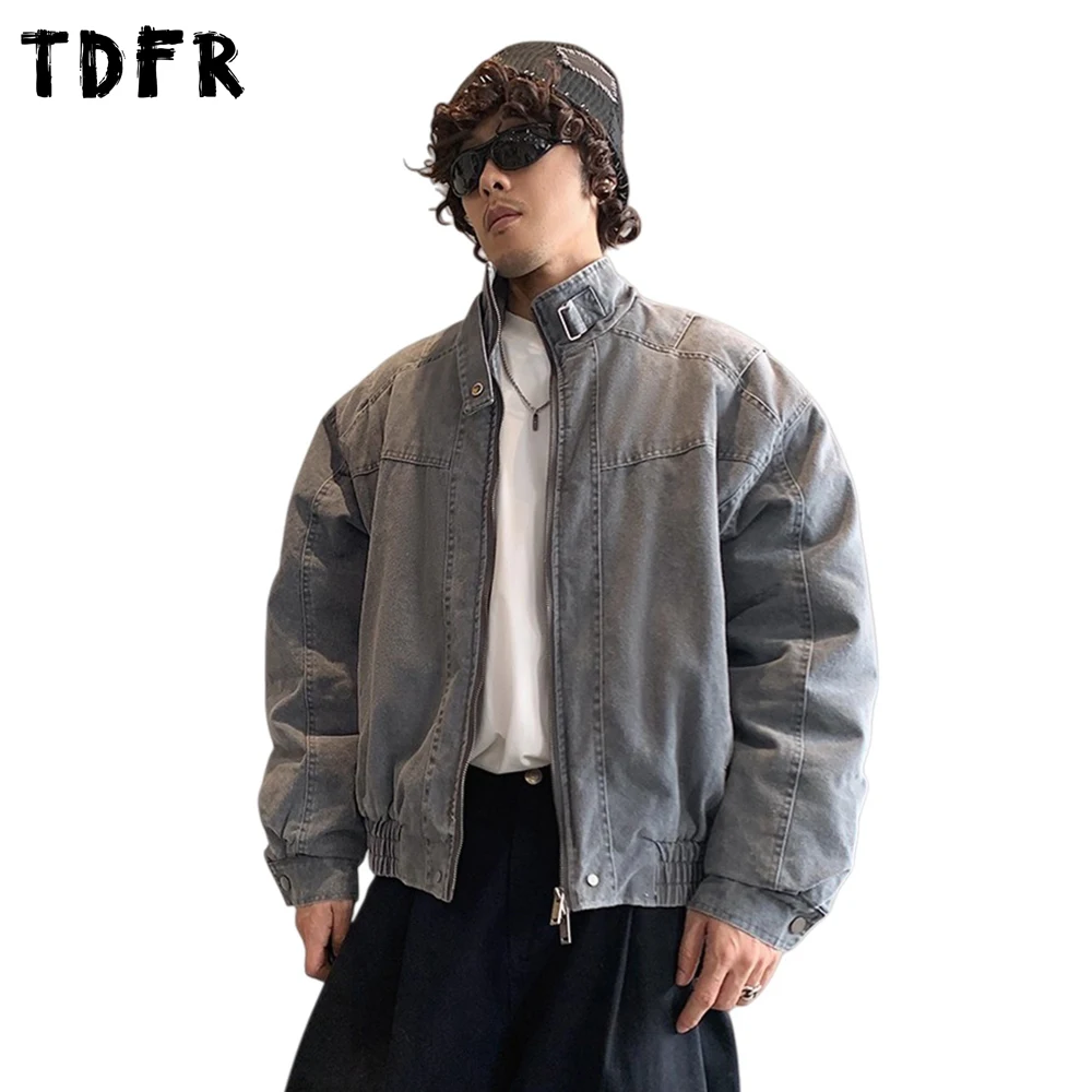 

Retro Spliced Ma-1 Bomber Padded Jacket Mens Winter Safari Style Washed Distressed Stand Collar Long Sleeve Thick Quilted Jacket